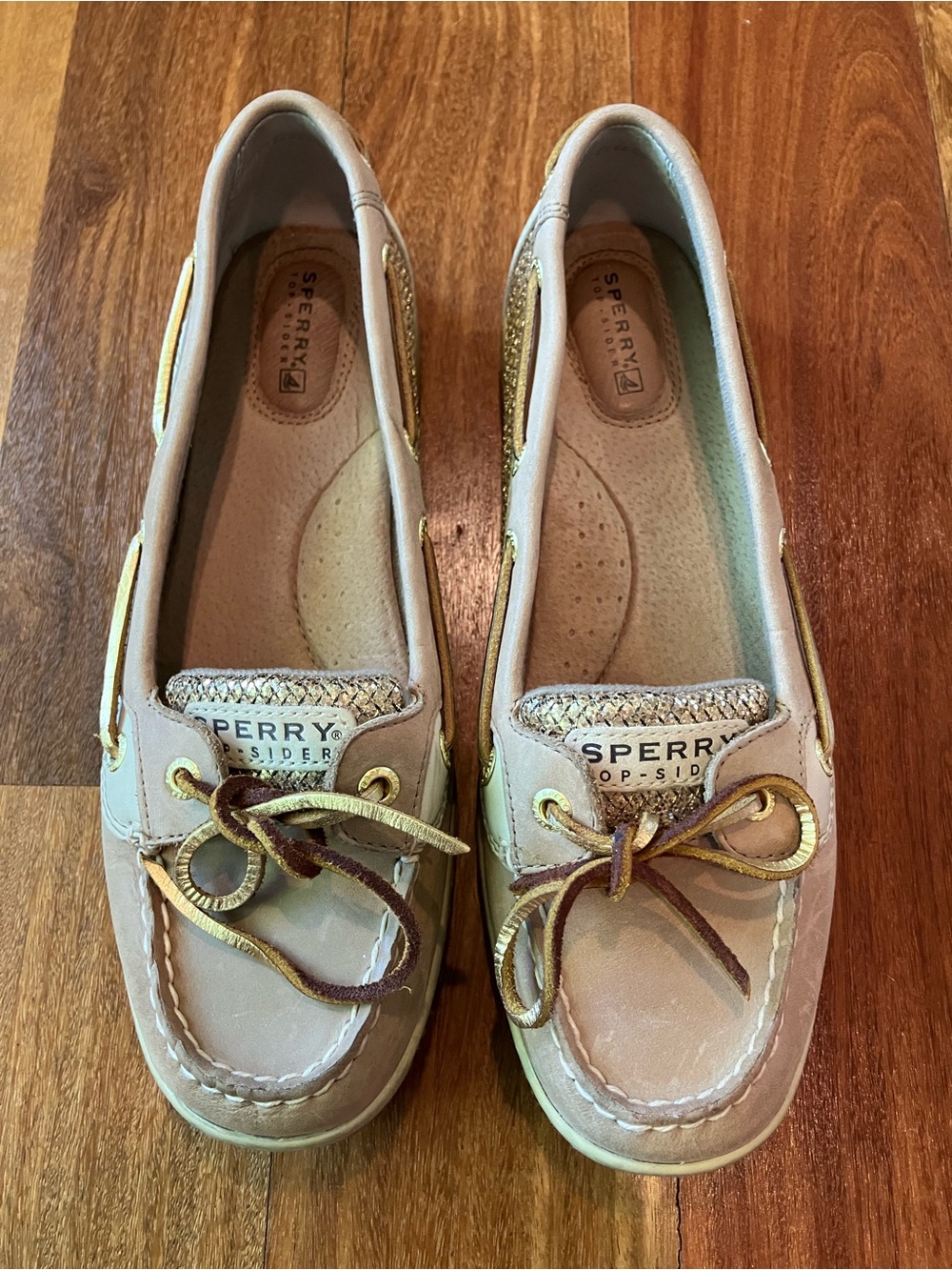 Sperry Beige Boat Shoes with Gold Accents